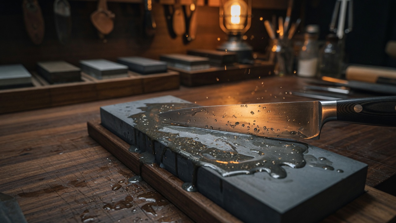 A chef's knife being honed on a wet whetstone in a workshop