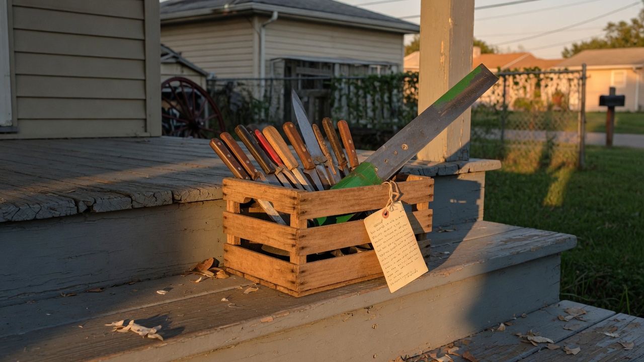 A crate of knives and a lawnmower blade waiting on a porch for pickup